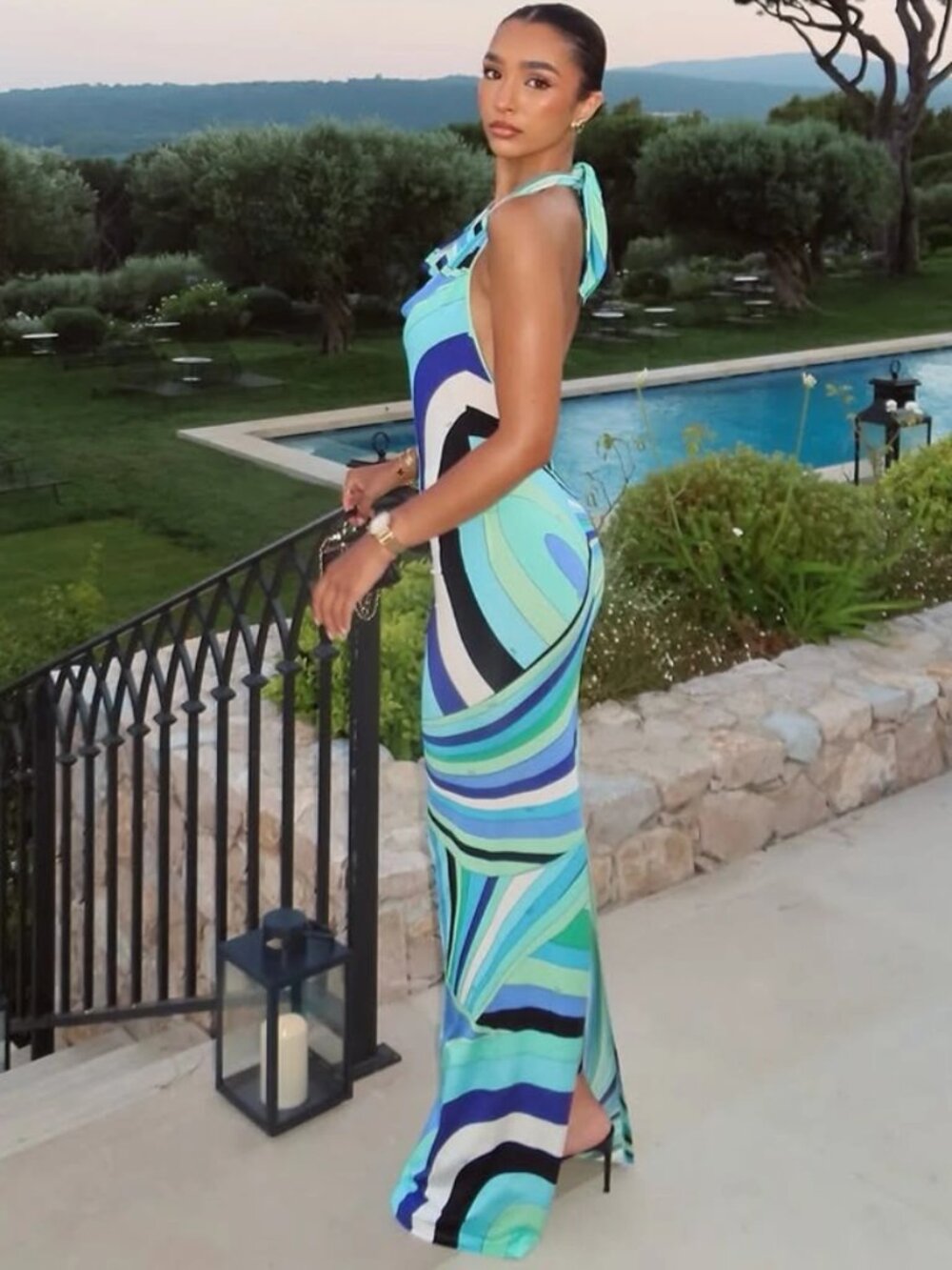 Geometric print maxi gown, blue purple green black, size small